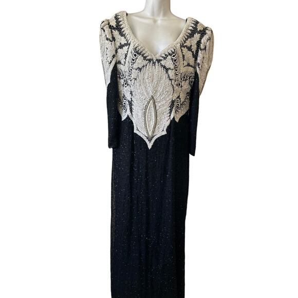 Clianna Beaded Evening Dress White Blk & Silver beads Long Women SZ M - Picture 1 of 10
